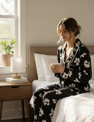 Donna Karan Black White Floral SOFT Pajama Set Sz XL. Warm Cozy - Image 1 of 4