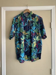 Tommy Bahama Fuego Palms Button Down Shirt Sz.L Hawaiian Ocean Deep Tencel Blend - Picture 1 of 9