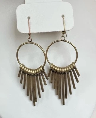 Cool Boho Brass Hoop Chandelier Earrings – 3” Tribal Fringe Dangle Festival - Image 1 of 2