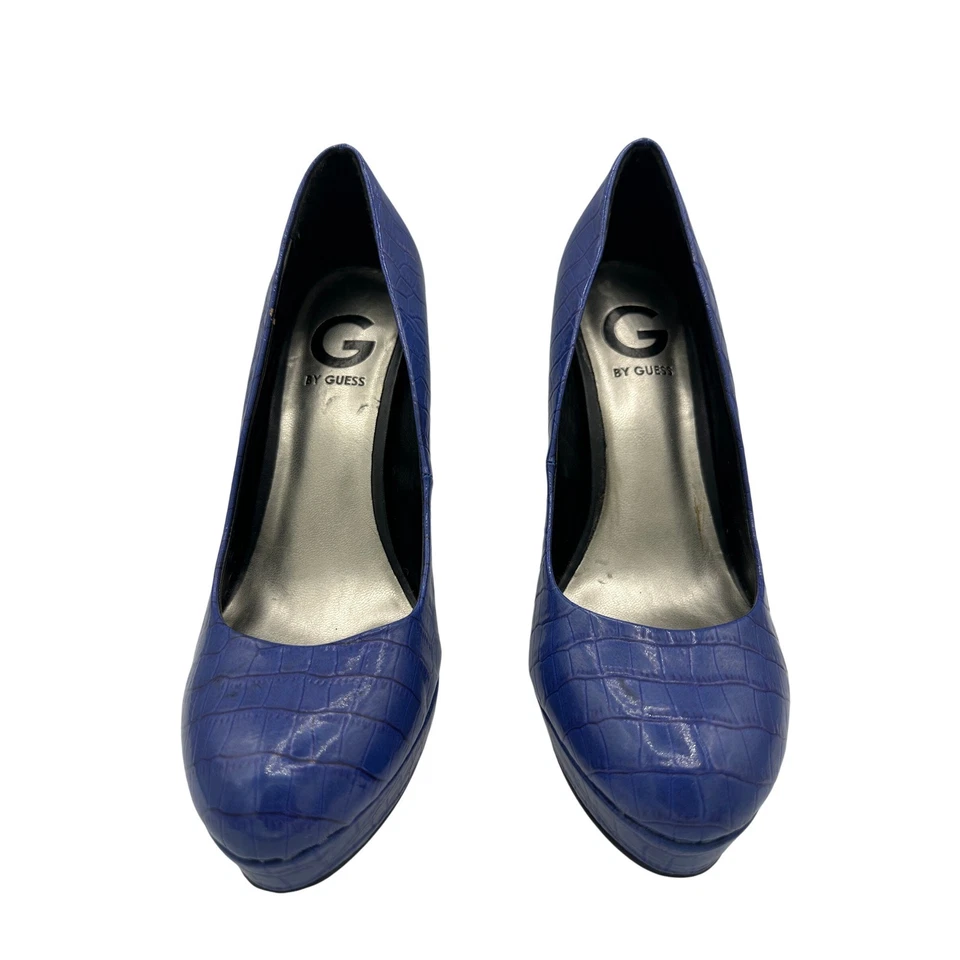 Bombas de salto plataforma femininas G by Guess azul crocodilo biqueira pontiaguda em relevo 8M - Imagem 1 de 4