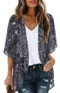 Womens Floral Kimono Cardigans Loose Puff Sleeve Casual Beach Coverups Tops (... - Picture 1 of 6