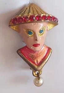 Vintage BROOCH Enamel Coolie Rhinestone Aladdin - GC 30's-50's Serlo? no mark - Picture 1 of 7