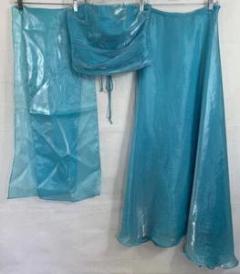 Fiesta Formal Sz L 3 Piece Shiny Teal Set Lace Up Strapless Top Maxi Skirt Scarf - Picture 1 of 12