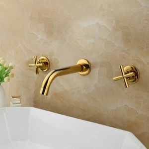 Bathroom Gold Vessel Basin Sink 3 PCS Faucet Wall Mounted 2 Handles Taps - Picture 1 of 9