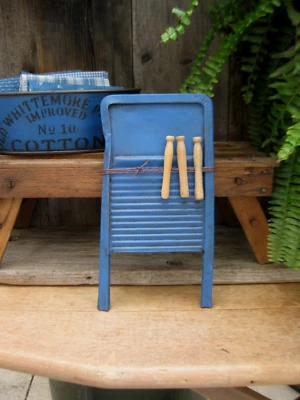 Antique Tin Child's Toy Laundry Washboard Blue Milk Paint w Old Toy Clothespins - Image 1 of 4