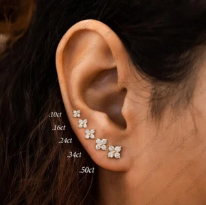 Four Natural Diamond Cartilage Clover Flower Stud Earring Solid 14k Yellow Gold - Picture 1 of 9