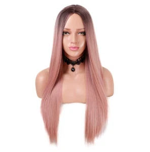 "Peluca sintética rosa degradado negra de pelo largo medio de moda para dama 25,5" - Imagen 1 de 7