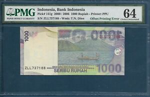 Indonesia 1000 Rupiah, 2000 / 06, P 141g, PMG 64 / Offset Printing Error