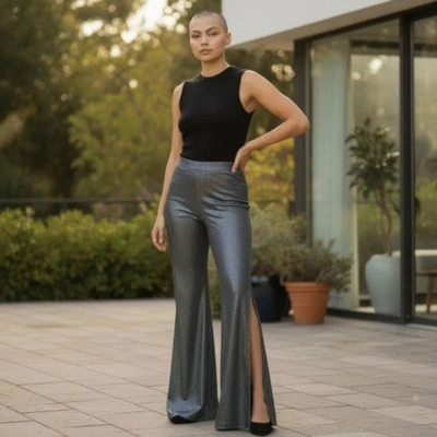 Pantalones acampanados Lucy in the Sky metálicos brillantes abertura alta para mujer talla S Foto 1 de 4