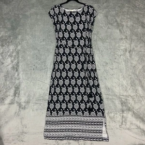 Boden Dress Womens Sz 12 12R Black Sun Geo Jersey Tie Belt Boat Neck Cap Sleeve - Picture 1 of 11