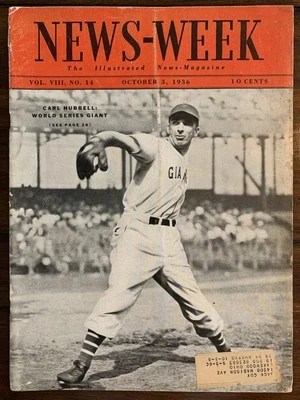 Carl Hubbell 1936 News Week Newsweek Magazine Cover New York Giants - Image 1 of 2