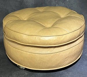 Vintage Tufted Leather Ottoman 24” Foot Stool Round Rolling SOFT! MCM Beige - Picture 1 of 9