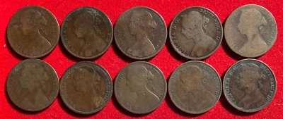R25 Grã-Bretanha; Lote de 10 Moedas - Penny 1862 - 1891 Victoria - Young Head - Imagem 1 de 4