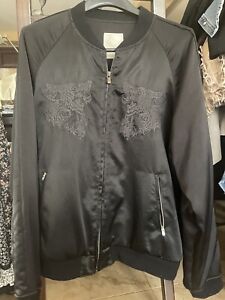 AR Black Embroidered Silk Bomber Style Jacket Lined With Light Insulation XL