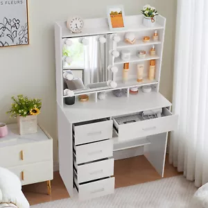 Dressing Table LED Makeup Mirror Set 10 Bulbs Vanity Desk White Wooden 6 Drawers - Picture 1 of 10