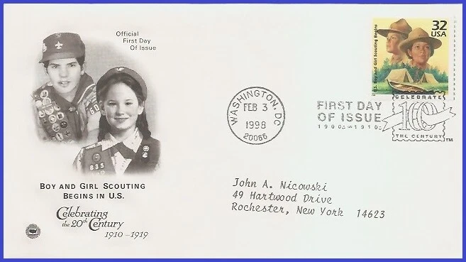 USA3 #3183j ADDR PCS ARTCRAFT FDC   1910 US Scouting Begins Boy and Girl - Image 1 of 1