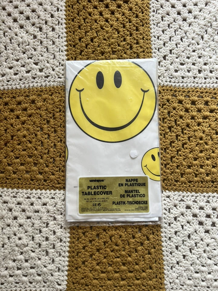 Vintage 80s 90s Smiley Face Table Cover Table Cloth New Sealed Party 54” x 84” - Image 1 of 4