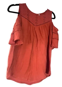 Womens  M Cocnac Spice Ruffled Cold Shoulder Blouse Eyelet Boho Cottagecore - Picture 1 of 3
