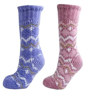 Ladies Chenille Fairisle Lurex Designer Slipper Socks Sherpa Lined Non Slip - Picture 1 of 5
