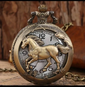 Antique Pocket Watch Animal Horse Pendant Gift Bronze Quartz Old For Men Women