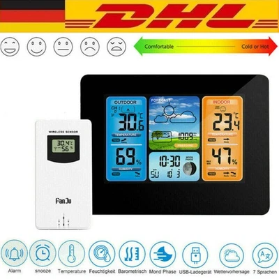 Funk Wetterstation Thermometer Mit Farbdisplay Innen-Außensensor Digitale Wecker - Bild 1 von 4