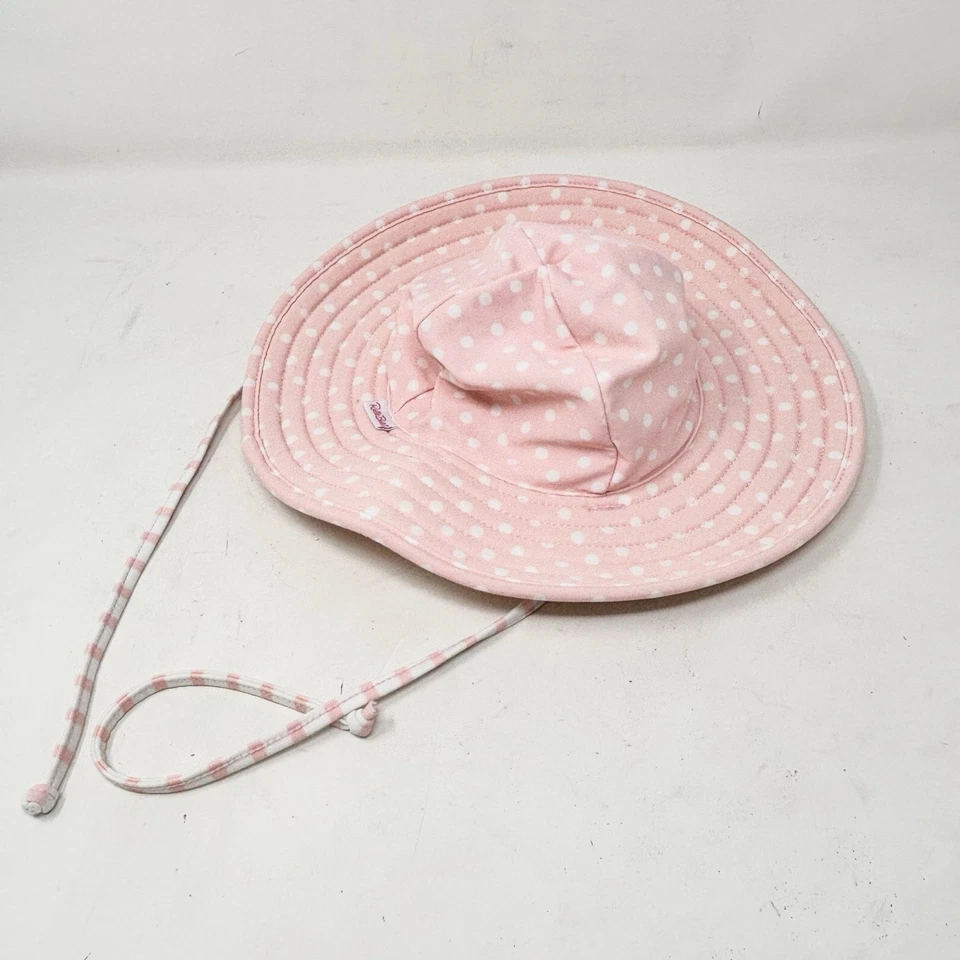 Sombrero para el sol a rayas a lunares reversible rosa blanco con volantes talla 0-12 Mos para niña Foto 1 de 4