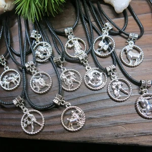 Zodiac Unisex Pendant Necklace, Black Cord Boho Medallion Zodiac Men's Necklace - Picture 1 of 6