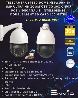 TELECAMERA PTZ NETWORK 4K 8MP ULTRA HD ZOOM OTTICO 30X ONVIF POE - Immagine 1 di 4
