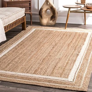 Rug Square Jute Rug Jute Braided  100% Natural Jute Rustic look Beige + White - Picture 1 of 5