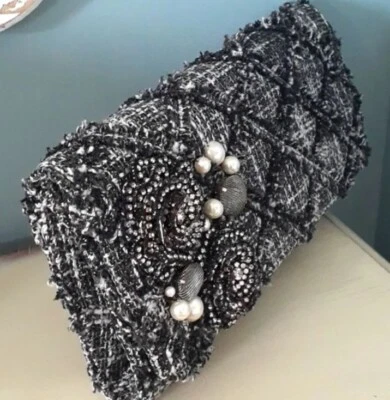 Vintage 80s Artisan black & white tweed crystal & pearl structured clutch purse - Image 1 of 4