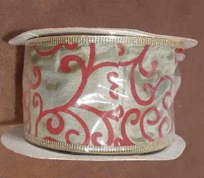 Christmas Traditions Green With Red Swirls Design Gold Edges 30 Feet Wired NEW - Image 1 of 3