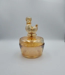 Vtg. Jeanette Carnival Glass Floragold Lid Vanity Powder Jar Poodle Trinket - Picture 1 of 18