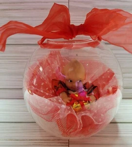 Kewpie Doll Christmas Ornament Hanging Glass Ball Red Dress Gold Present - Picture 1 of 7