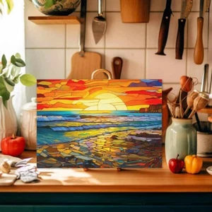 Multicolor Stained Glass Look Ocean Sunset Glass Cutting Board - Picture 1 of 1