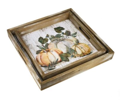 Ganz H9 Thanksgiving Nesting Wooden Serving Trays - Watercolor Harvest Pumpkin - Image 1 of 4