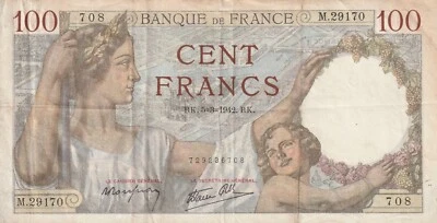 France 1942 100 Francs Circulated Banknote Pick 94 Bargain Bin - Image 1 of 2