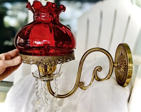 Victorian Parlor Lamp(s) Pair Wall Sconce Brass Crystals Ruby Red GWTW Hurricane Cover