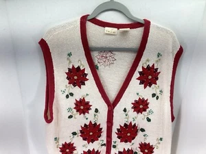 Bobbie Brooks Christmas Cardigan Sweater Women Size 22 Ivory Poinsettia Vintage - Picture 1 of 14