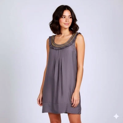 Yoana Baraschi Silk Dress Small Gray Gold Chain Ruffle Neck Sleeveless Mini - Image 1 of 4