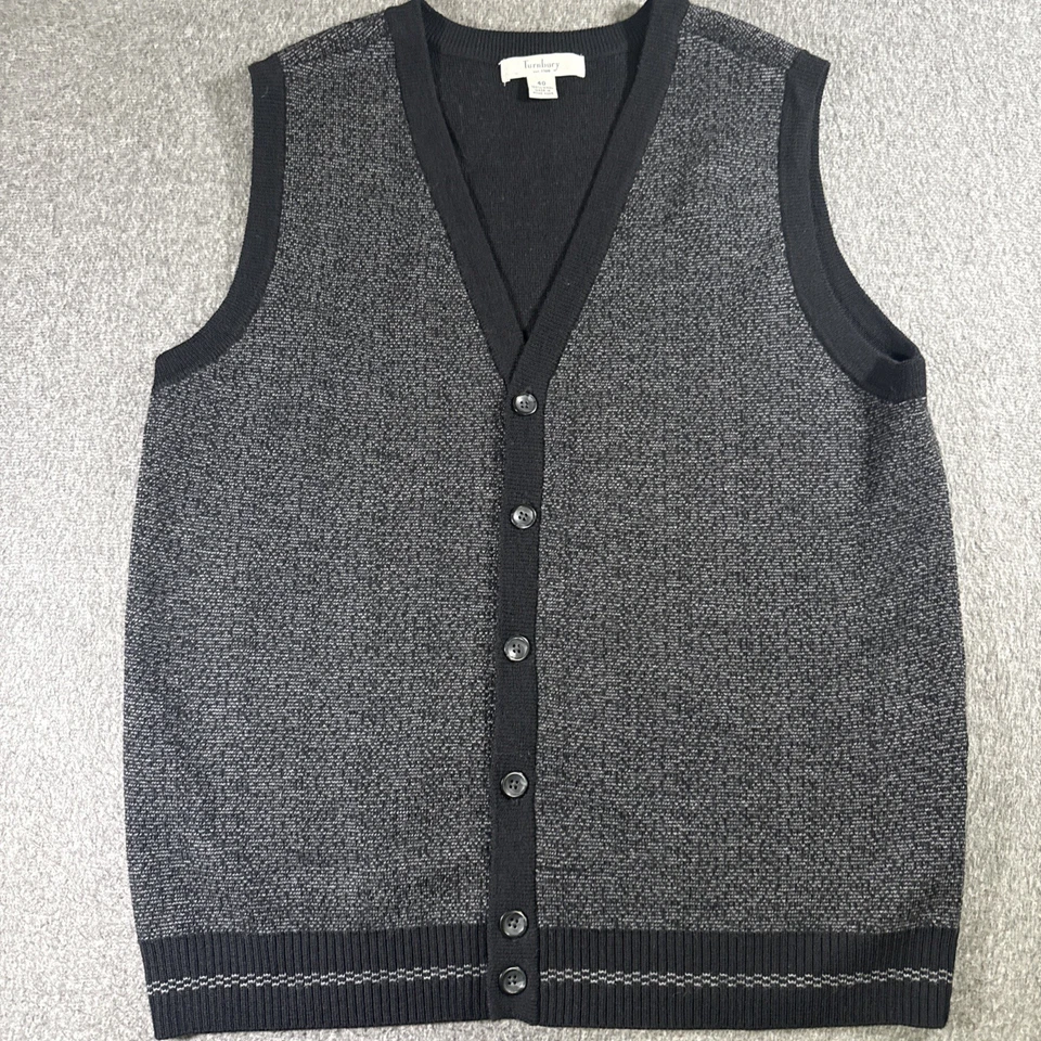 Colete Suéter Turnbury Masculino Tamanho 40 (médio) 100% Lã Botão Frontal Preto Cinza - Imagem 1 de 4