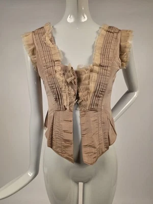 VICTORIAN 1870’S SILK BUSTLE BACK BODICE W PLEATED ORGANDY TRIM + LARGE TAIL - Image 1 of 4