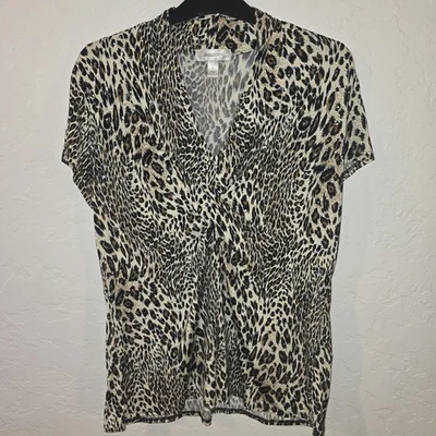 Dress Barn 大号豹纹亮片短袖衬衫上衣闪亮动物色 — 第 1/4 张图片