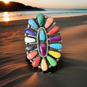 JULIANA WILLIAMS NAVAJO MULTI- EDELSTEINE STERLINGSILBER CLUSTER RING VINTAGE - Bild 1 von 11