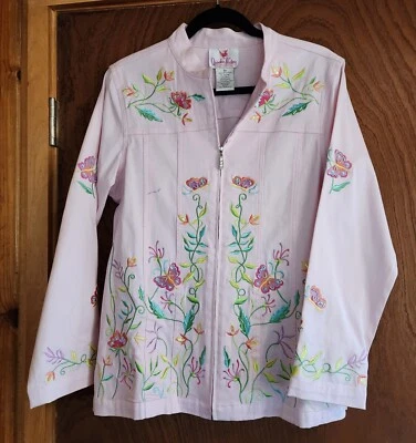Quacker Factory Embroidered Pink Jacket Beaded Sequin Butterflies Flowers Medium - Image 1 of 4