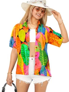 HAPPY BAY Hawaiian Shirts Womens Casual Button M Colorful Leaves, Multicoloured - Picture 1 of 3