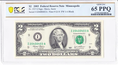 2003 $2 FRN Minneapolis Fr.1937-I PCGS 65 PPQ Fancy Serial I20400403A Bookend - Image 1 of 2