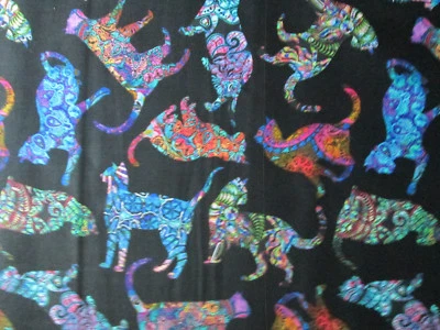 MOD CATS ART DESIGNED CAT DIGITAL BRIGHT COLORS BLACK COTTON FABRIC FQ - Image 1 of 4