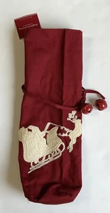 NEW POTTERY BARN Christmas Sleigh Bell Crewel Embroidered Wine Liquor Cloth Bag - Picture 1 of 3