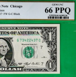 1993   $1  Federal Reserve note  RADAR Serial Number  7342-2437  Chicago PCGS 66 - Picture 1 of 3