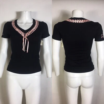 Vtg John Galliano Black Pink Ribbon Logo Top S - Image 1 of 4
